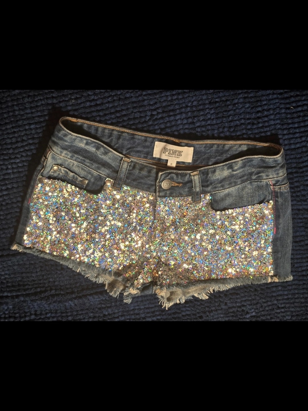 VS PINK Y2K Holographic Sequin Denim Cutoff Shorts 0